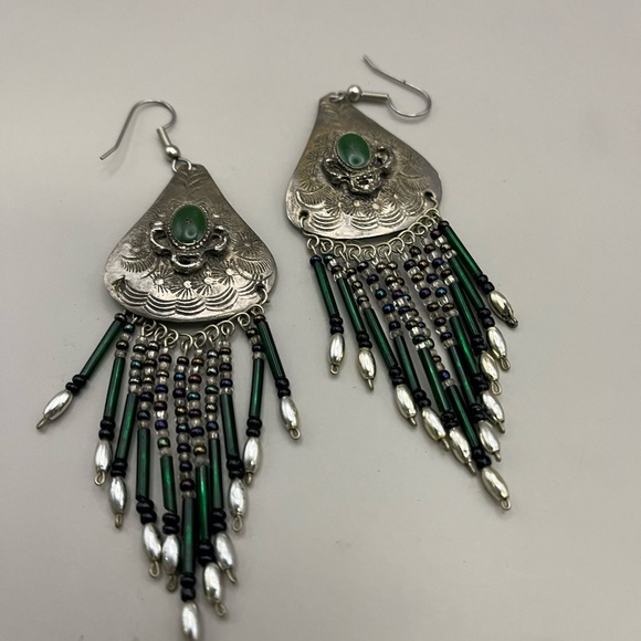 Jewelry - Elegant Vintage Sterling Silver and Green Dangle Earrings
